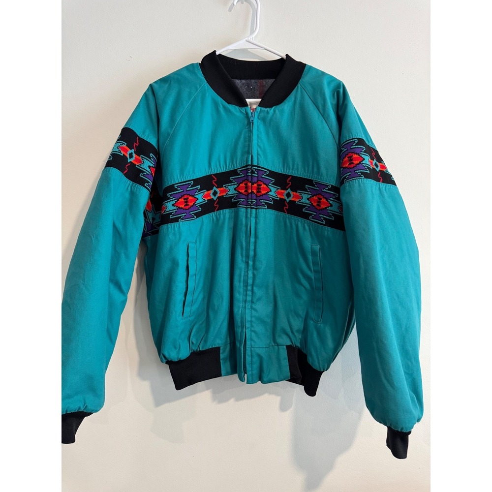 Vintage USA 90s Aztec jacket Saddlebrook Westernwear Bomber Mens XL Teal